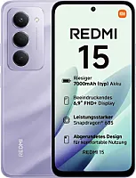 "Xiaomi Redmi 15", išmanusis telefonas, 6+128 GB, 6,9 colių FHD+ 144 Hz DotDisplay, "Snapdragon 685", 50 MP AI dviguba kamera, 7000 mAh baterija, smėlio violetinės spalvos