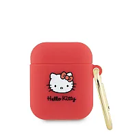Silikoninis dėklas „Hello Kitty Apple Airpods 1/2“, raudonas, 3D kačiuko galvutės formos