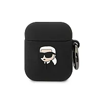 Karl Lagerfeld Apple Airpods 1/2 3D logotipo NFT Karl Head silikoninis dėklas, juodas