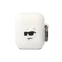 Karl Lagerfeld Apple Airpods 1/2 3D logotipo NFT Choupette Head silikoninis dėklas, baltas